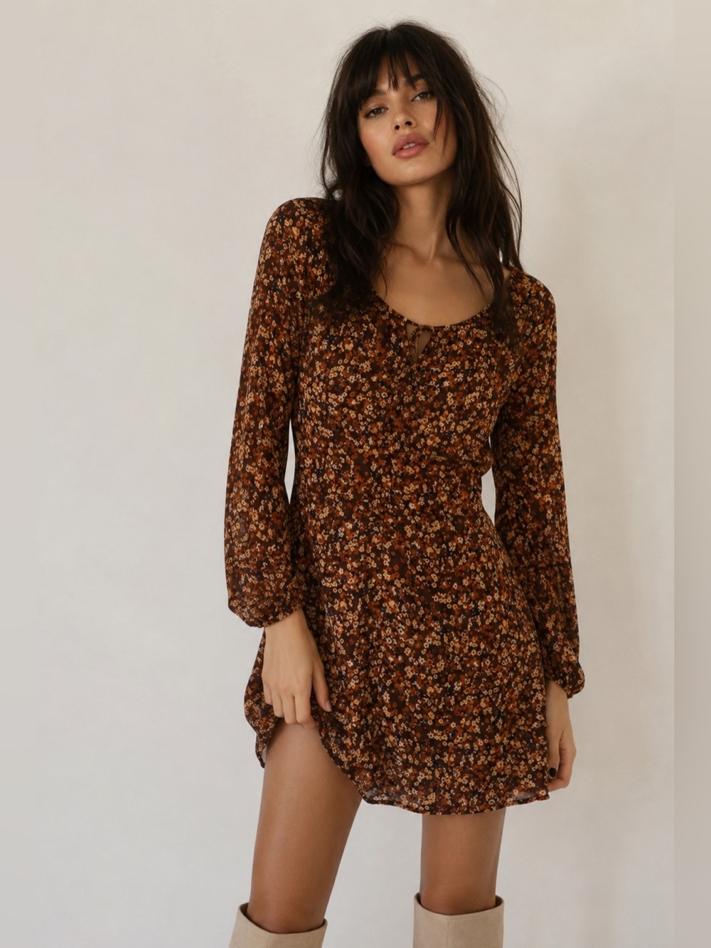 Brown Ditsy Floral Long Balloon Sleeve Boho Mini Dress Fall Cottagecore Medium